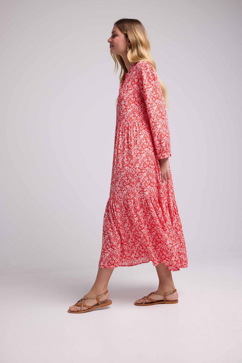 Long Sleeve Long Dress - Red Flowers