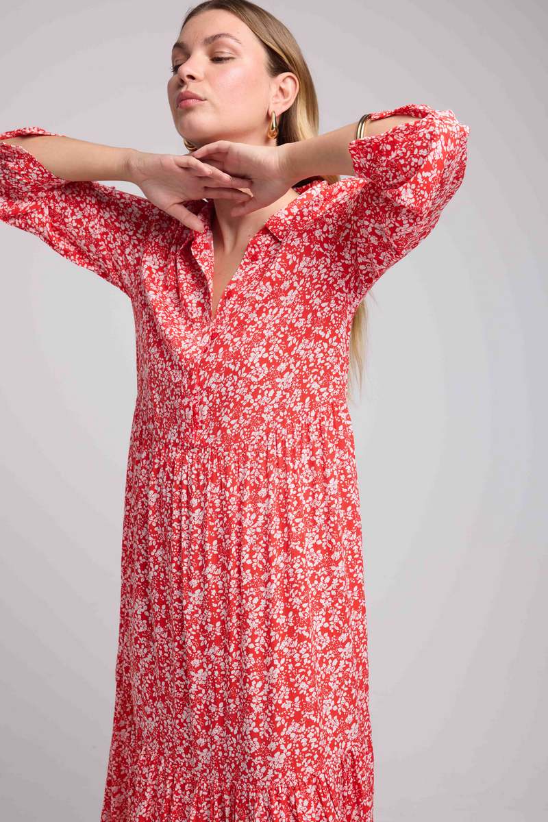Long Sleeve Long Dress - Red Flowers