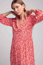 Long Sleeve Long Dress - Red Flowers