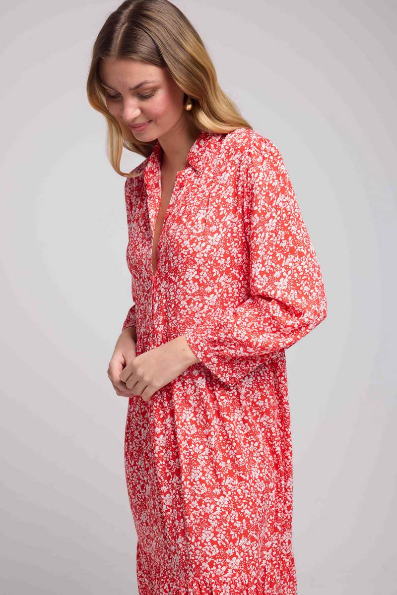Long Sleeve Long Dress - Red Flowers