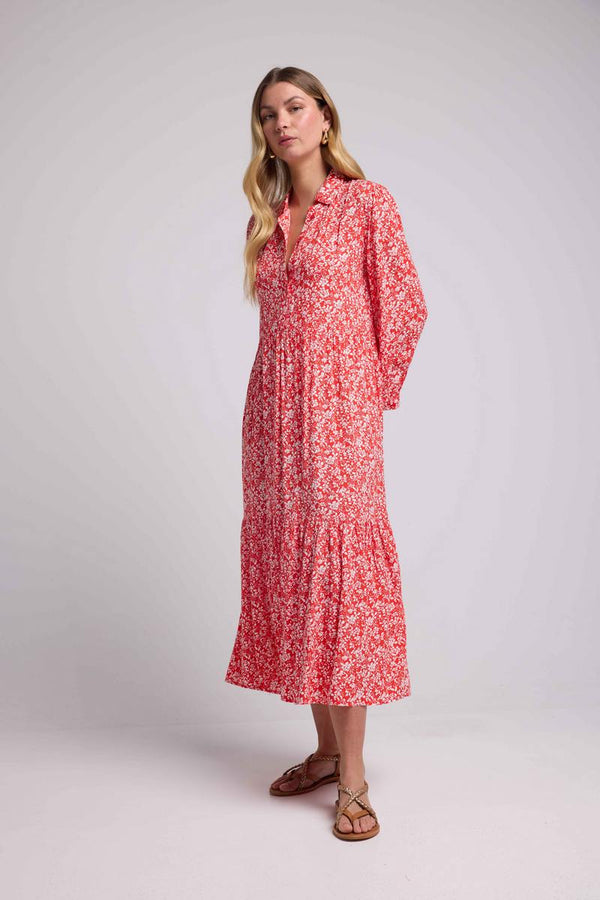 Vestido Largo Manga Larga - Flores Rojas