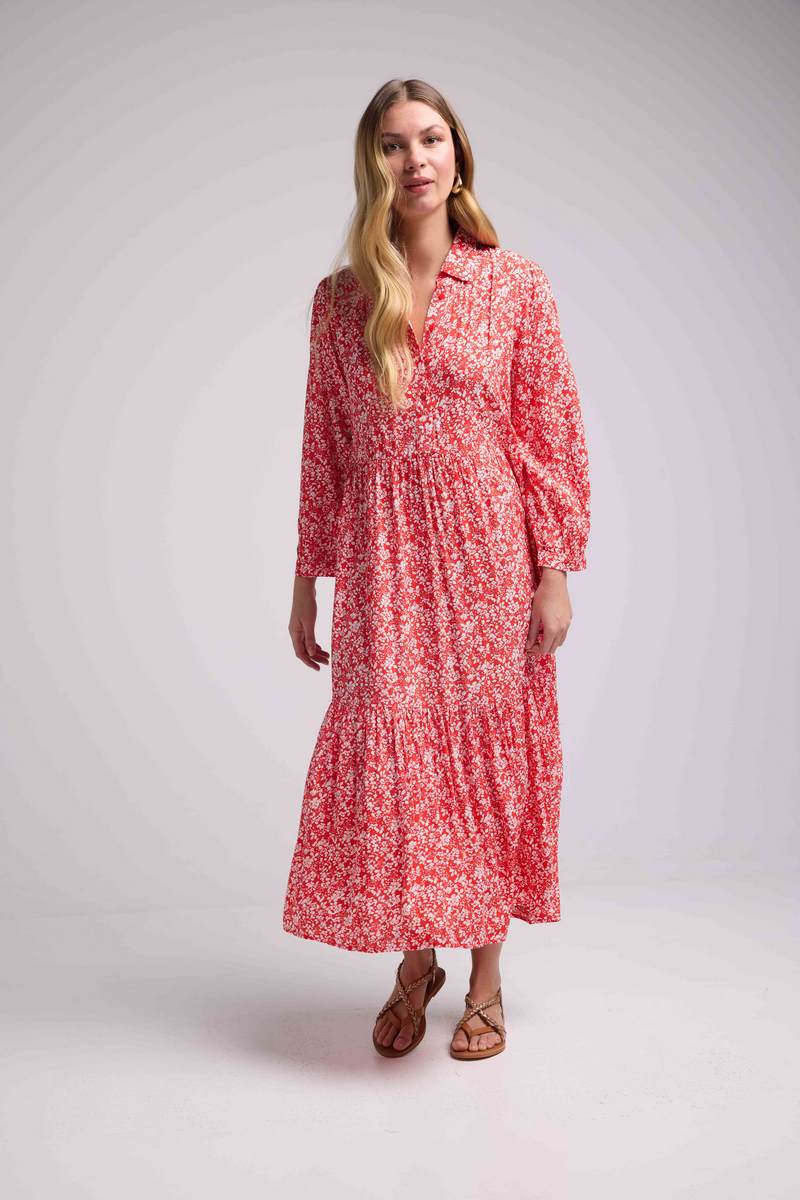 Long Sleeve Long Dress - Red Flowers