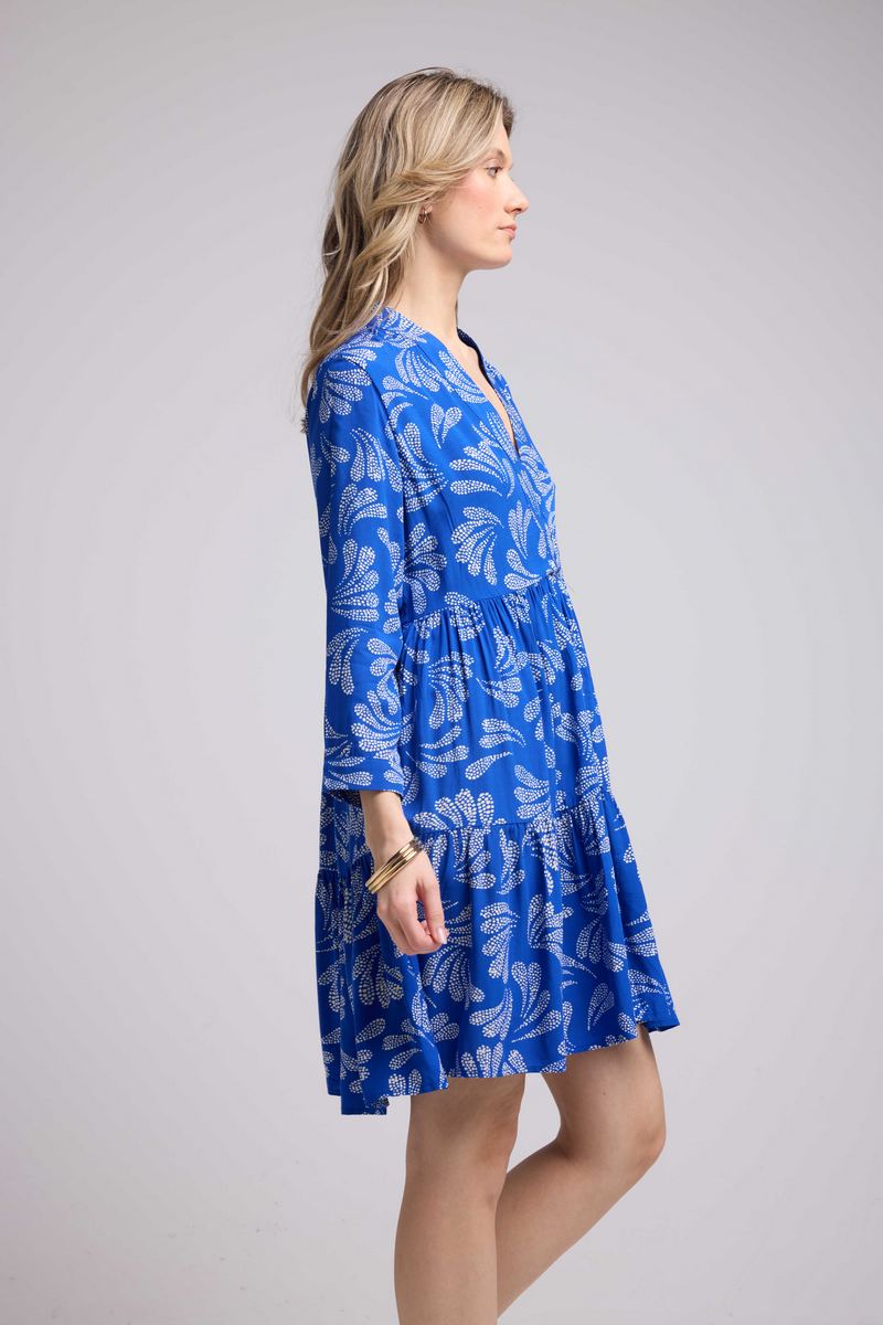 Vestido Corto Manga Larga - Hojas Azules