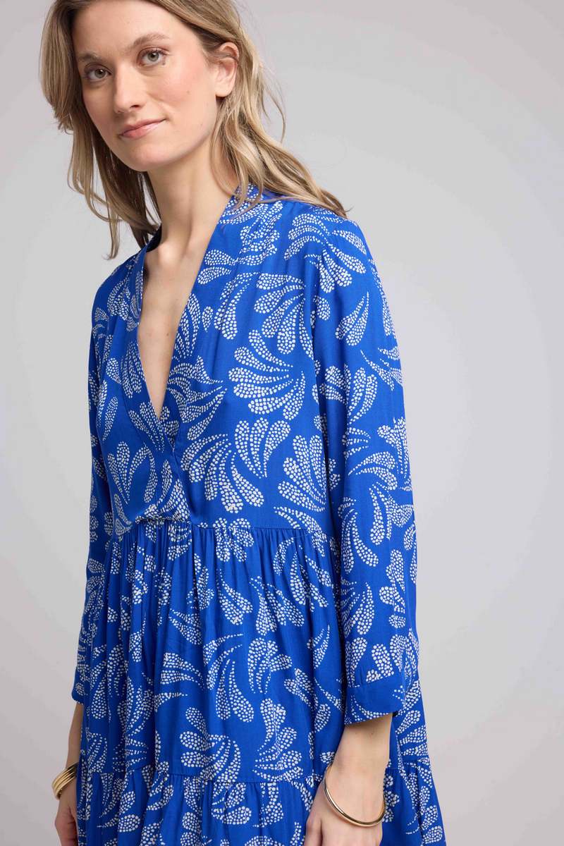 Vestido Corto Manga Larga - Hojas Azules