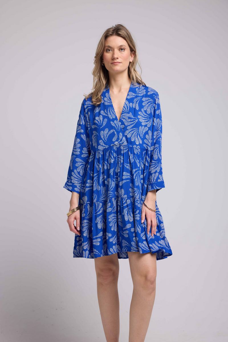 Vestido Corto Manga Larga - Hojas Azules