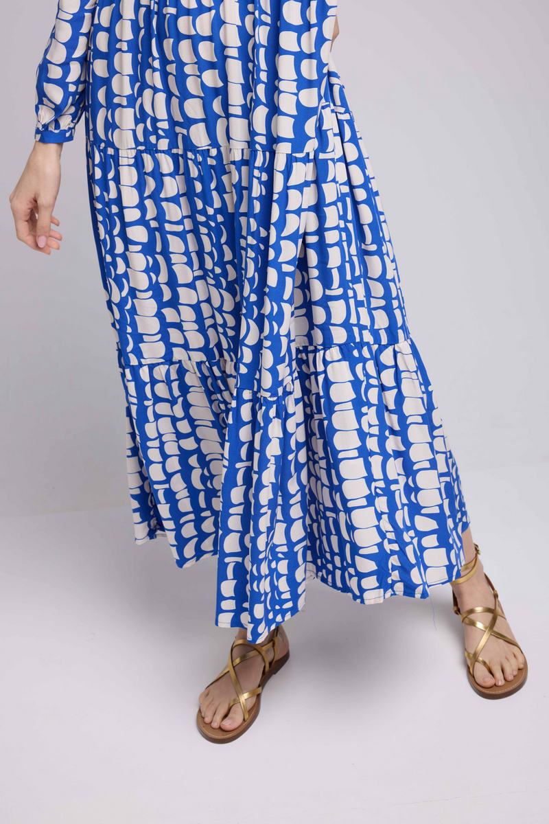 Long Sleeve Long Dress - Blue White