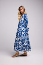 Long Sleeve Long Dress - Navy White