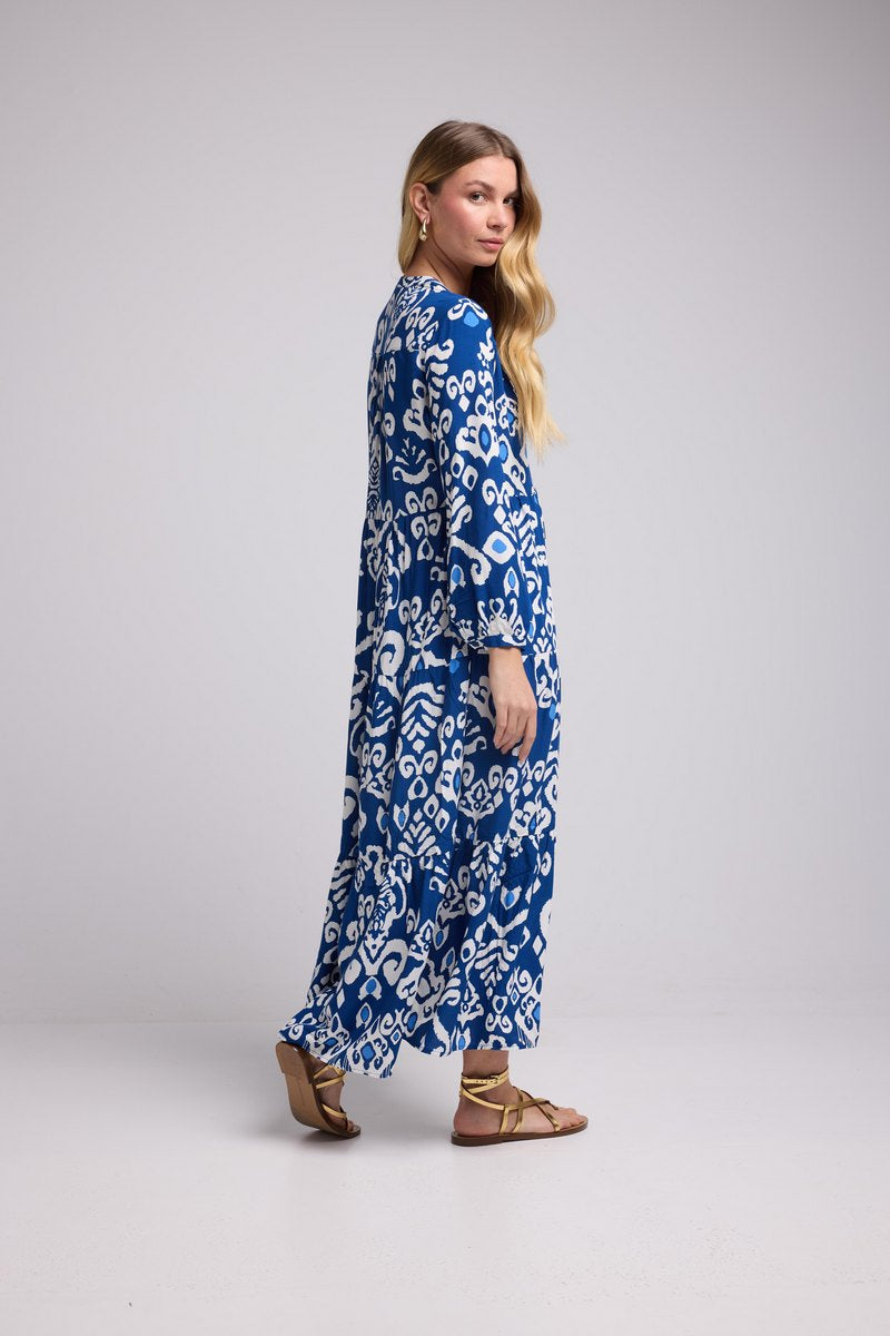 Long Sleeve Long Dress - Navy White