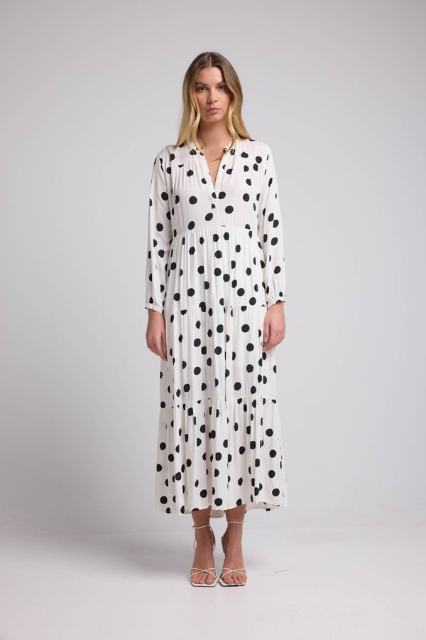 Vestido Largo Manga Larga - Body Blanco Lunares Negros