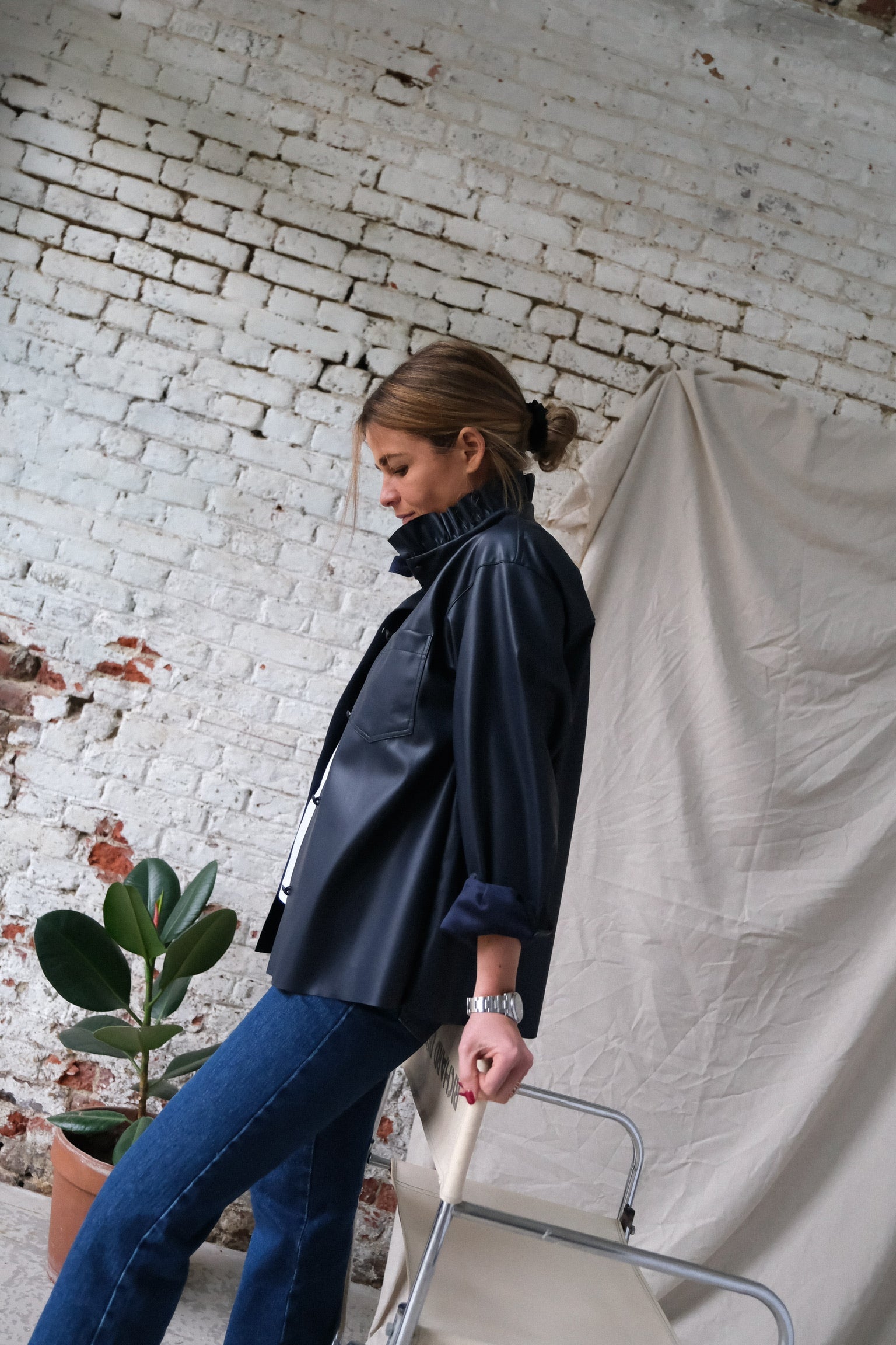 Lou Faux Leather Overshirt Navy