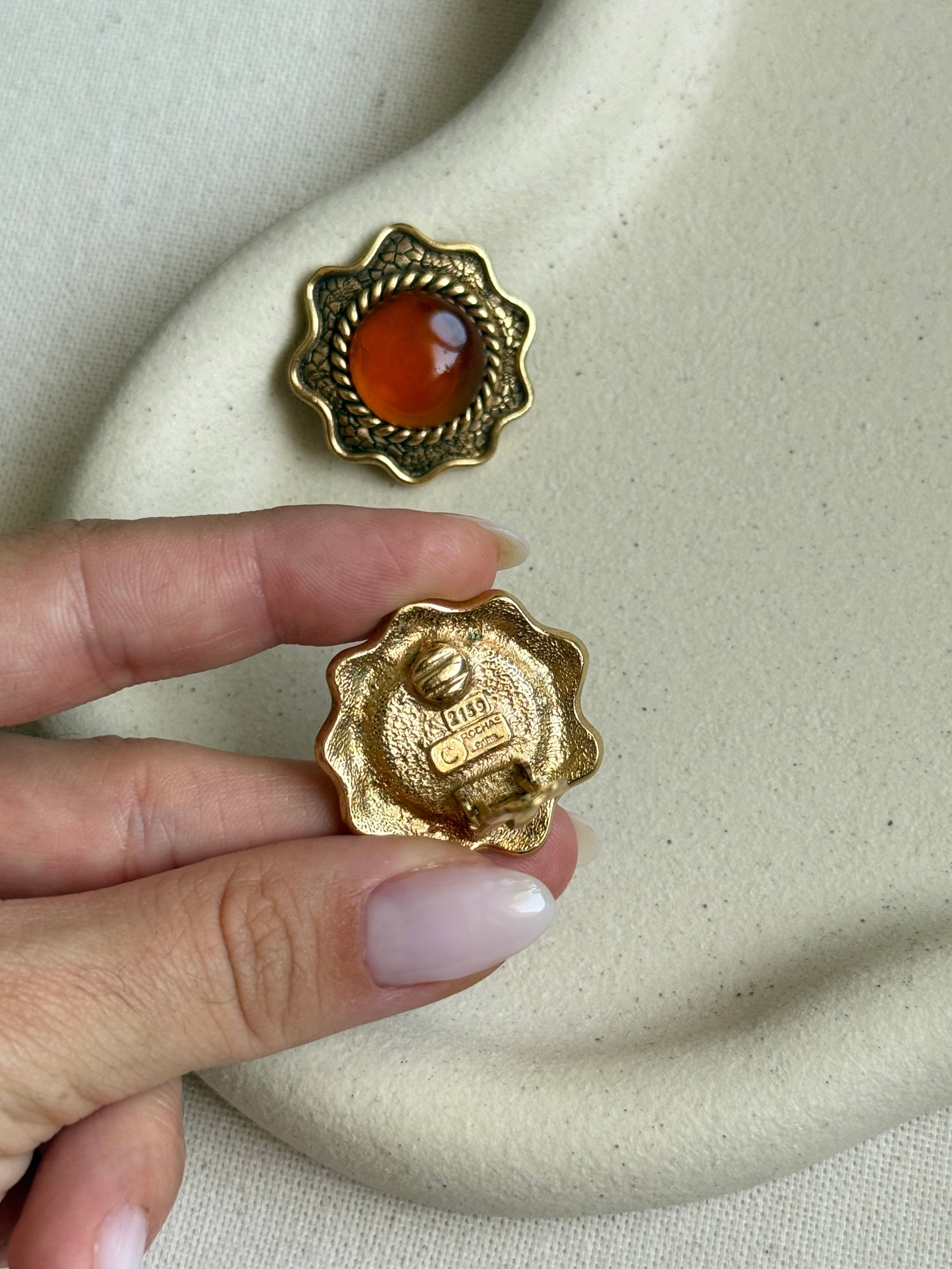 Boucles D’Oreilles Rochas Vintage - Soleils Dorés Et Ambrés