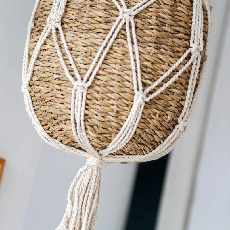 Panier Suspension Macramé Avec Porte Plantes En Algue Marine - Beige