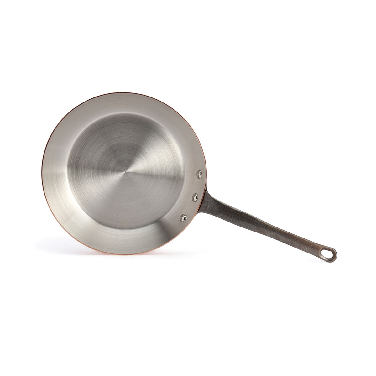 De Buyer – Inocuivre - Poêle À Frire Queue Fonte - Cuivre Et Inox - Cuivre, poêle en cuivre et acier inoxydable, vue de dessus sur fond blanc