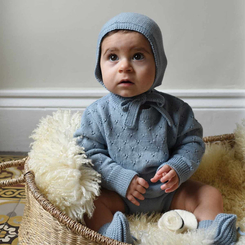 Felix Tricot 100% Wool Mottled Blue Romper - Baby