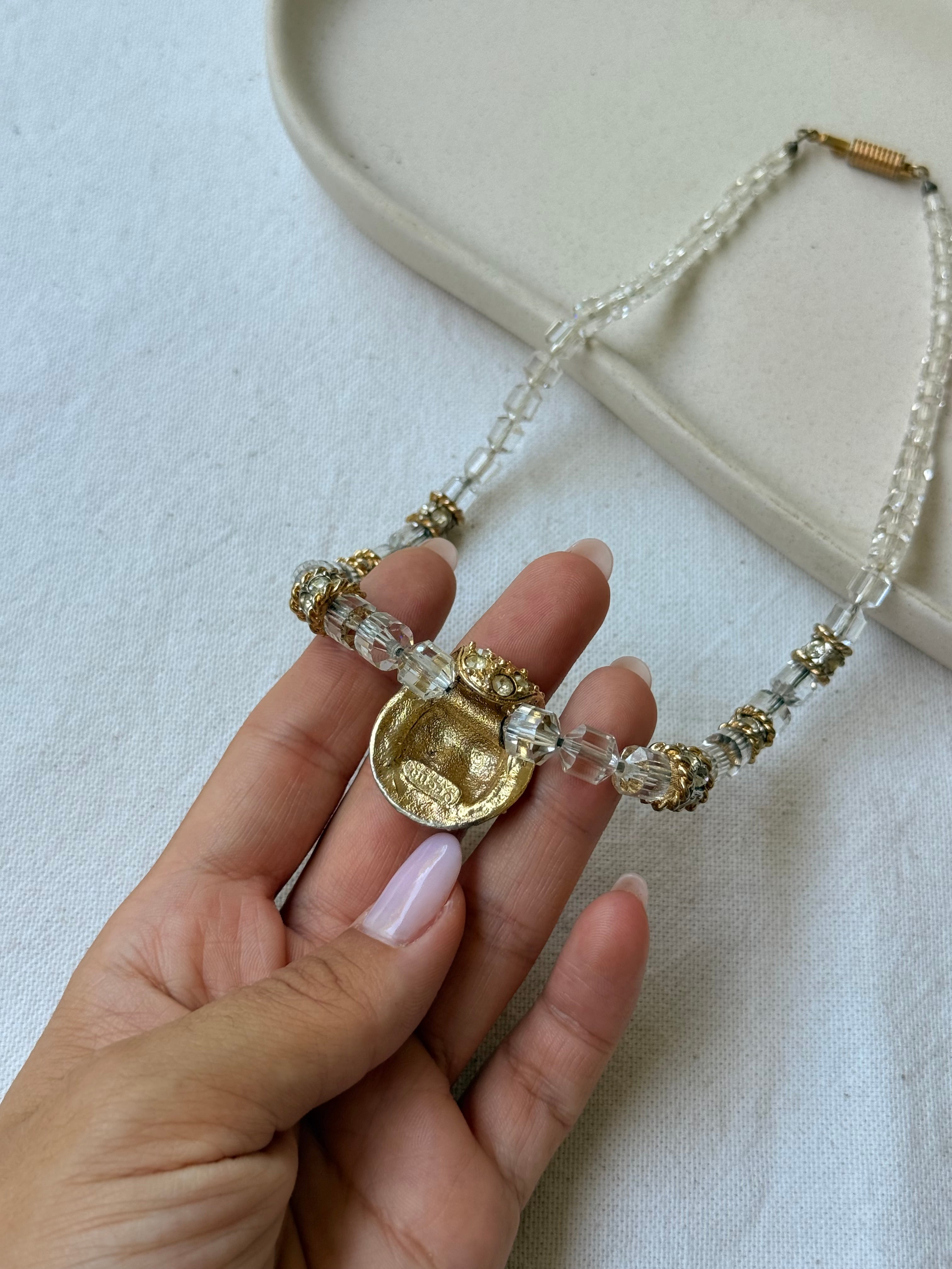 Orena Vintage Necklace - Faceted Crystal Beads and Pavé Pendant