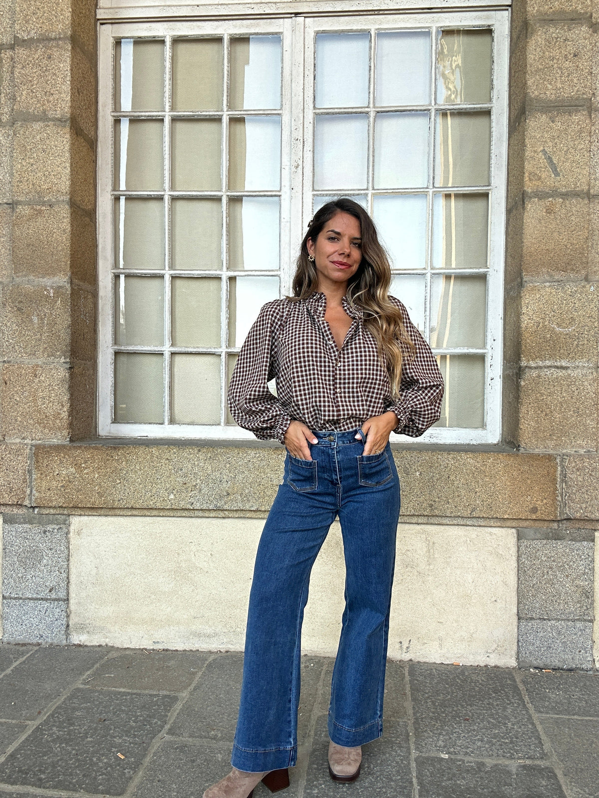 Blouse à carreaux Sybille marron