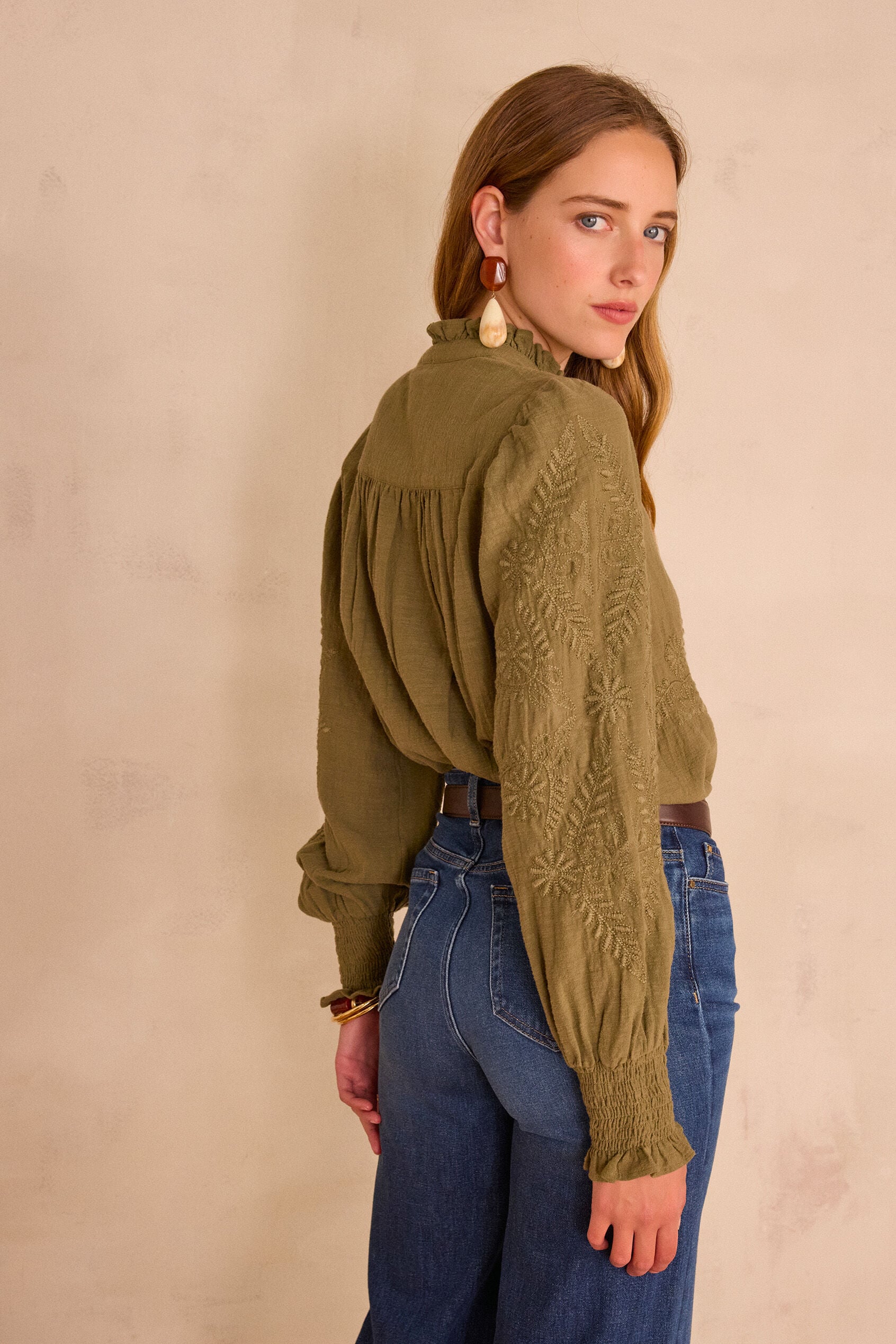 Malia Embroidered Blouse - Khaki