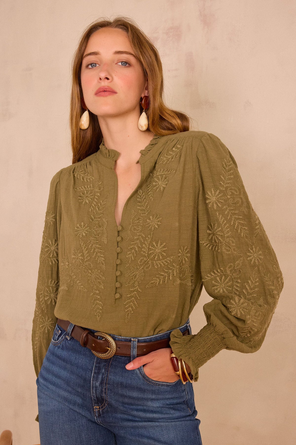 Malia Embroidered Blouse - Khaki