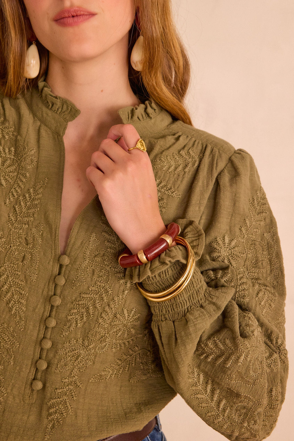Malia Embroidered Blouse - Khaki