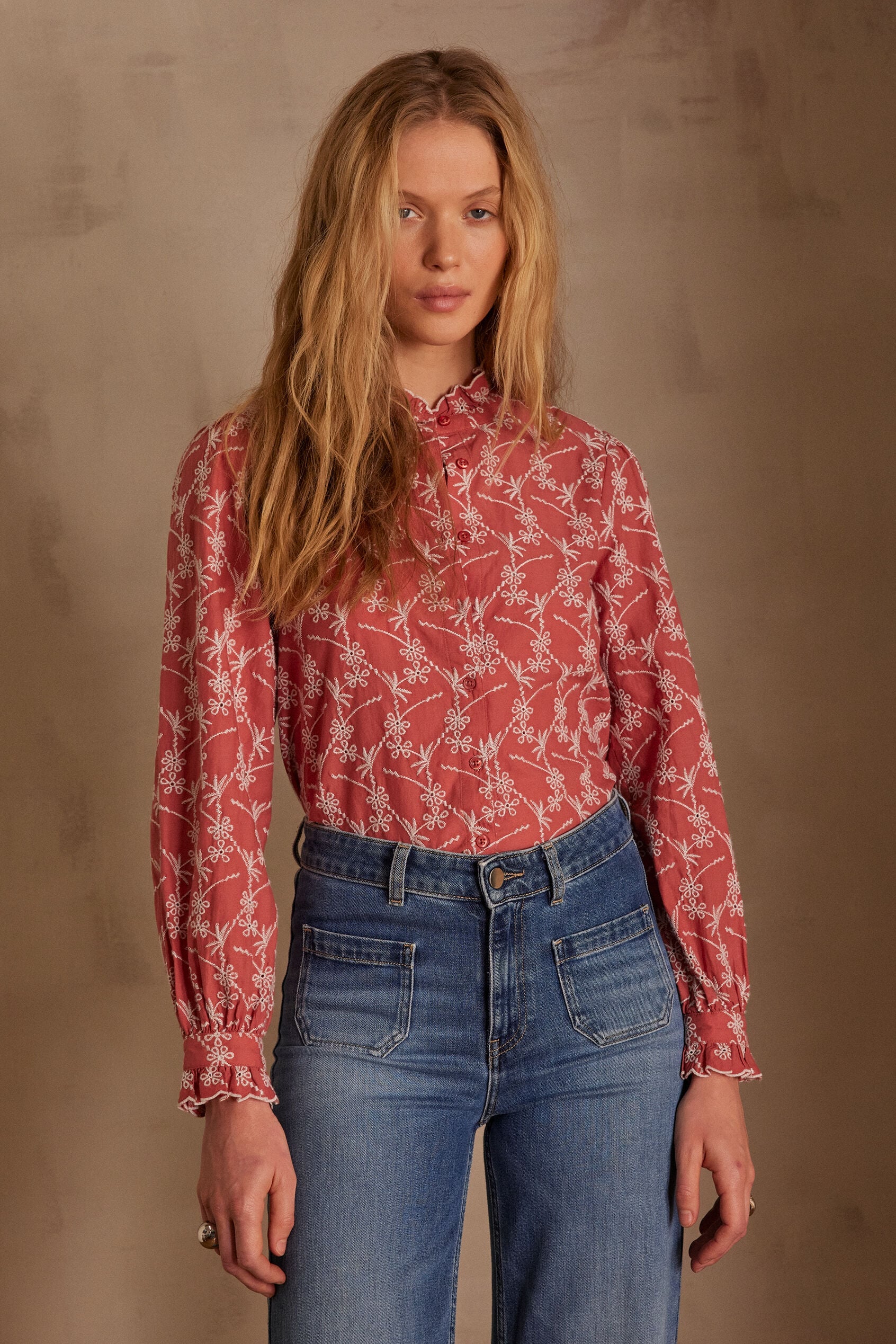 Paulette Embroidered Blouse - Coral