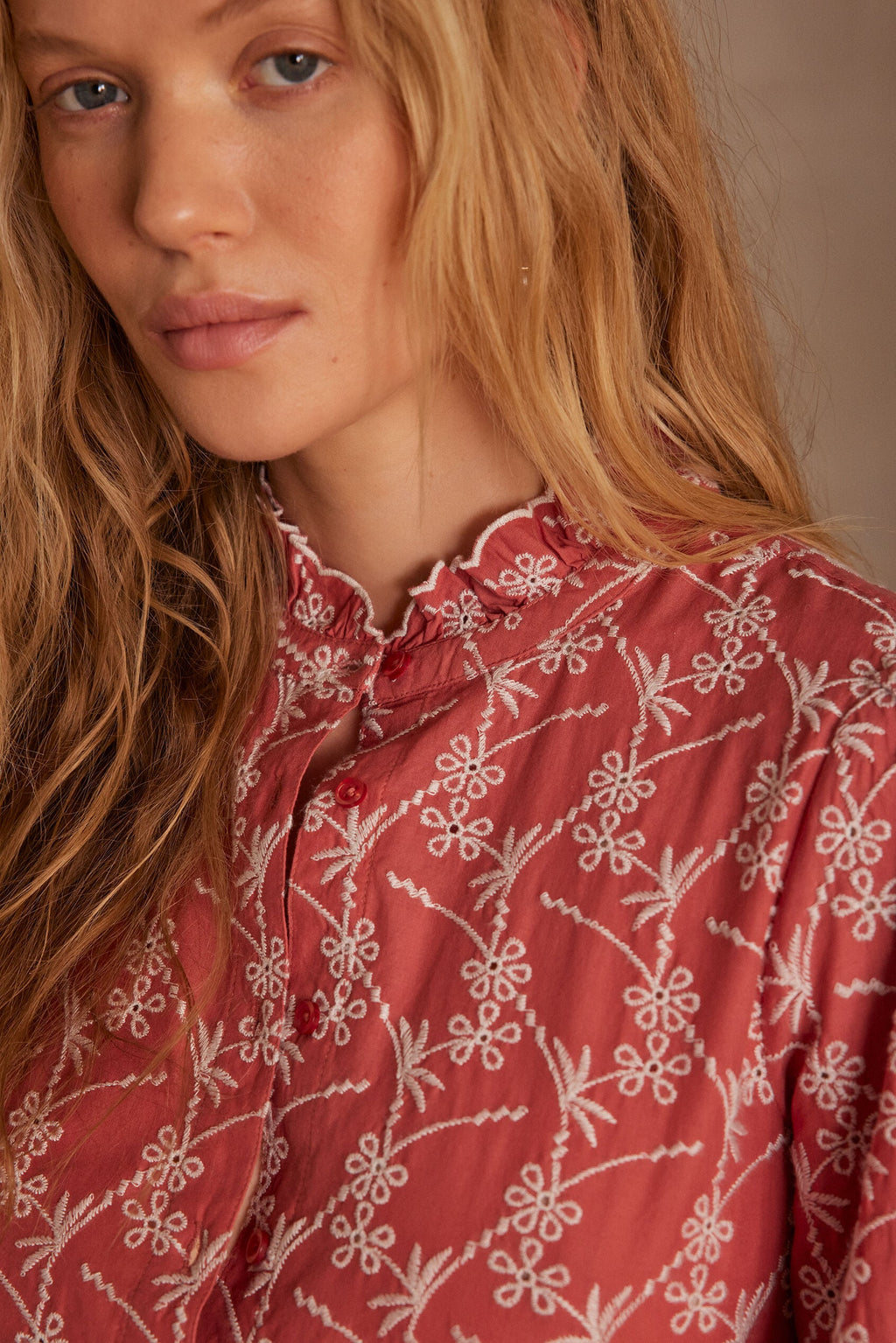 Paulette Embroidered Blouse - Coral