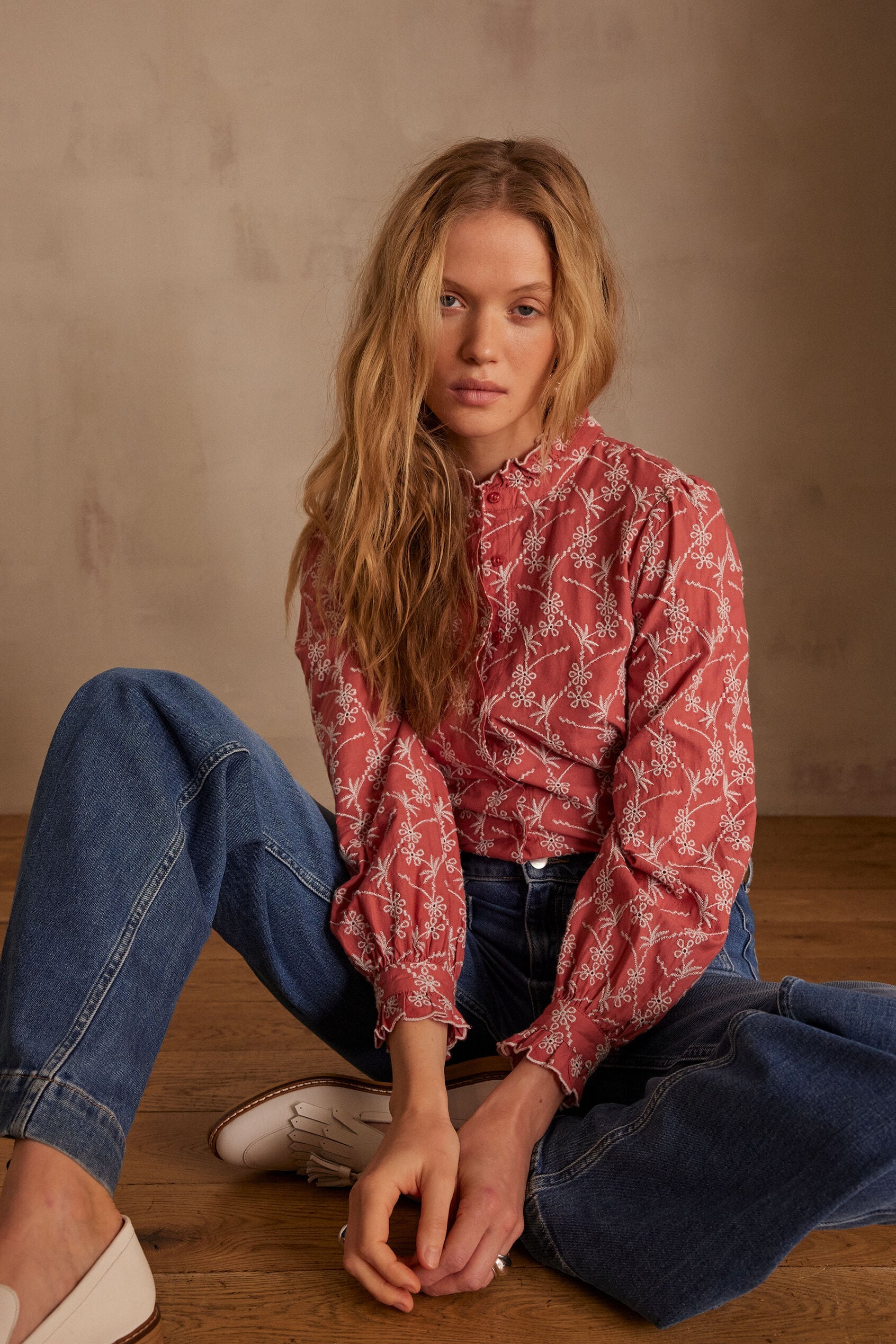 Paulette Embroidered Blouse - Coral