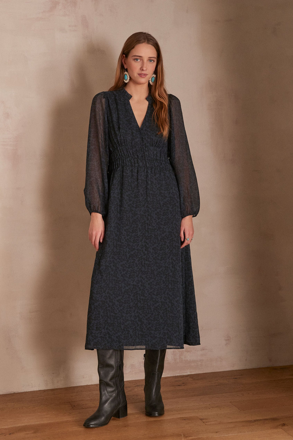 Lara Printed Floaty Dress - Navy