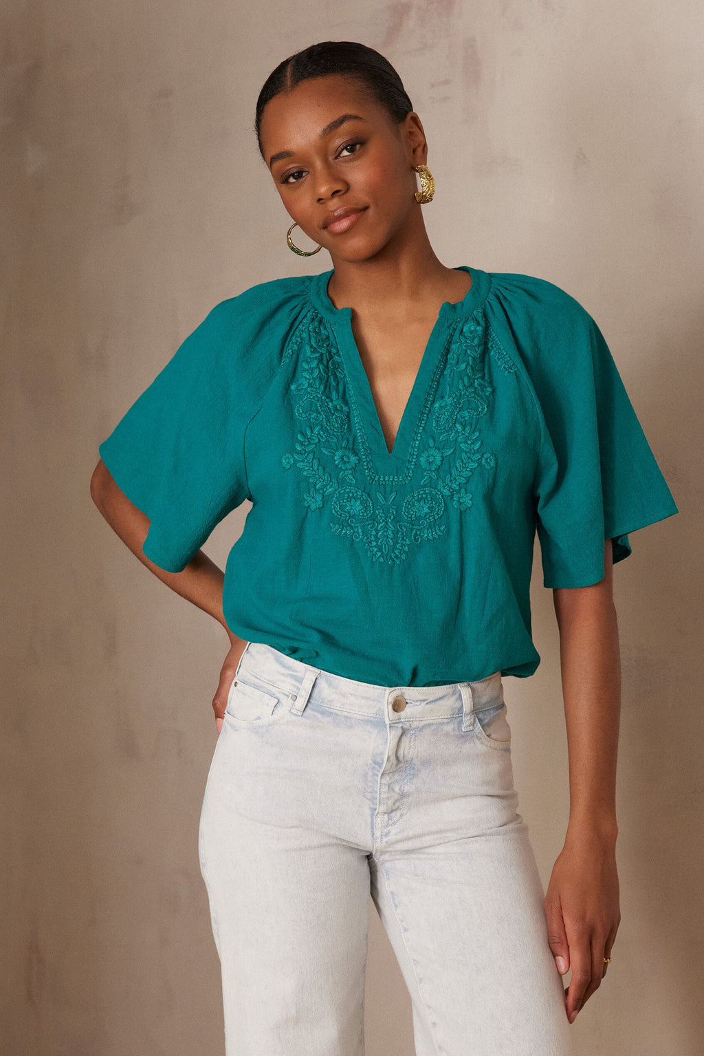 Poker Embroidered Blouse - Petrol Blue