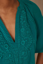 Poker Embroidered Blouse - Petrol Blue