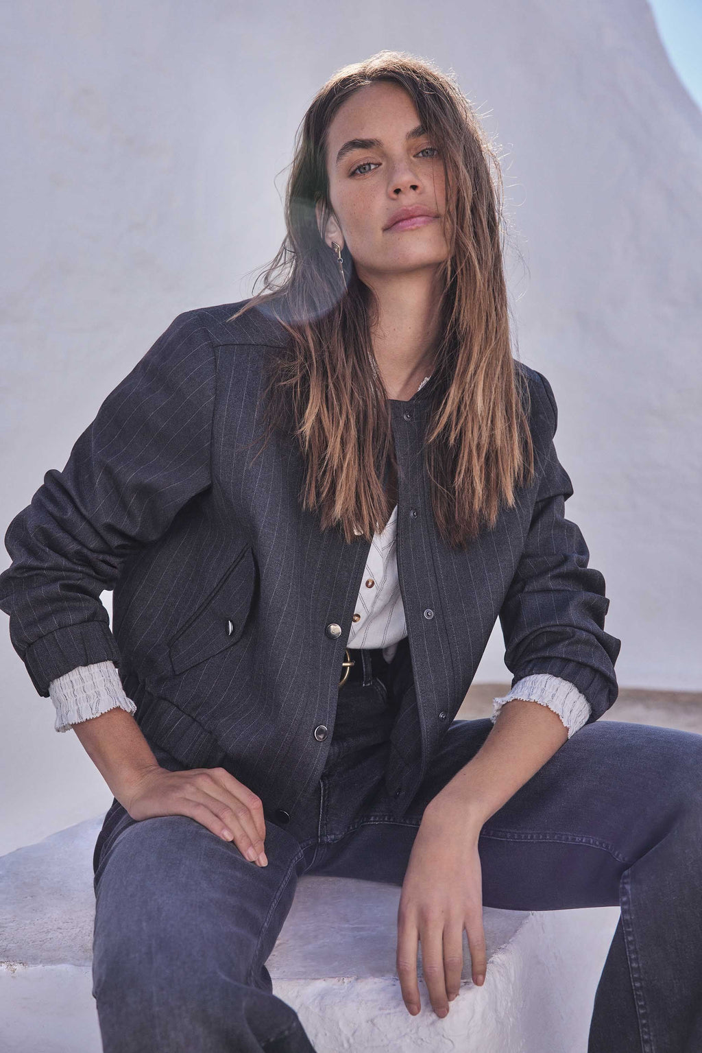 Cécile Striped Bomber Jacket - Light Heather