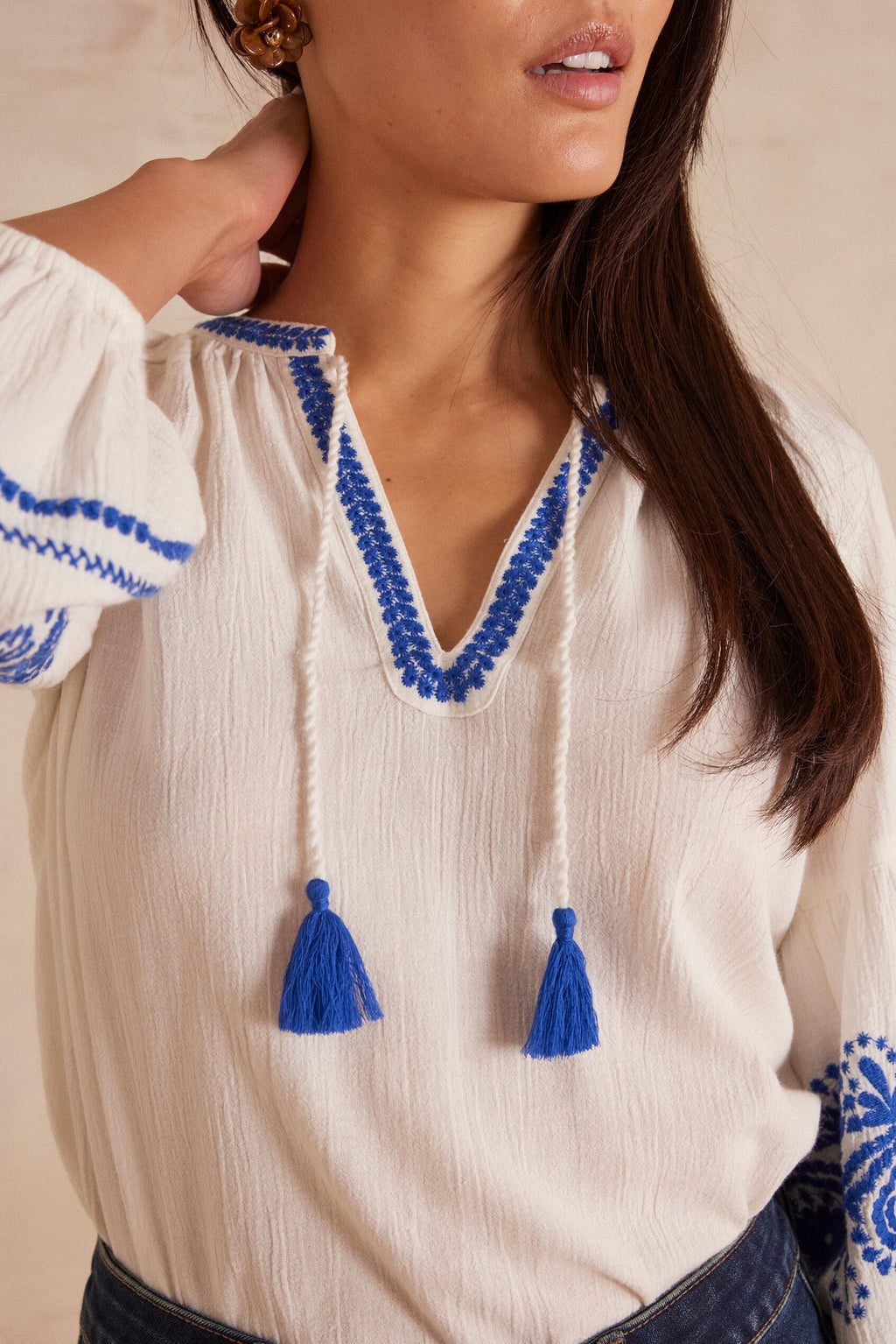 Mermaid Embroidered Blouse - Ecru