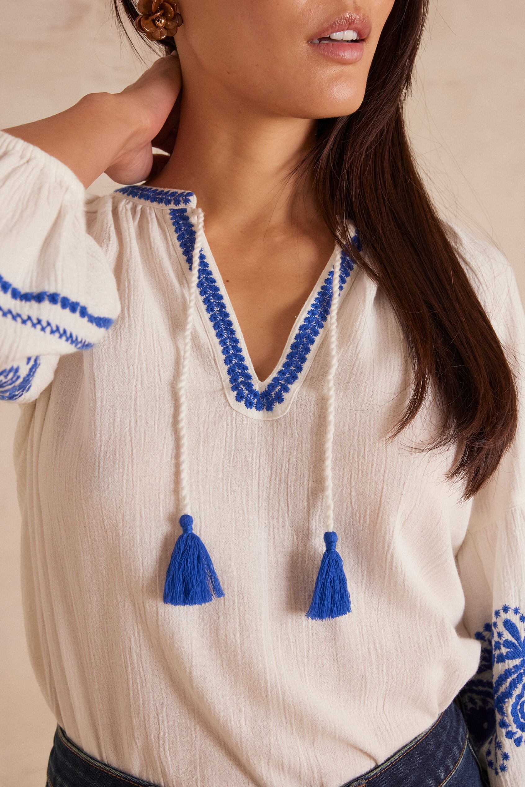 Mermaid Embroidered Blouse - Ecru