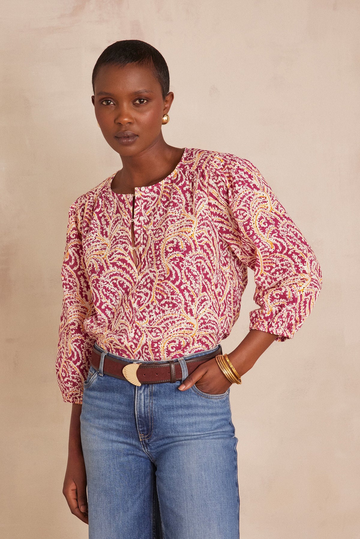 Blouse Sarah Broderie Imprimé - Fuchsia Foncé