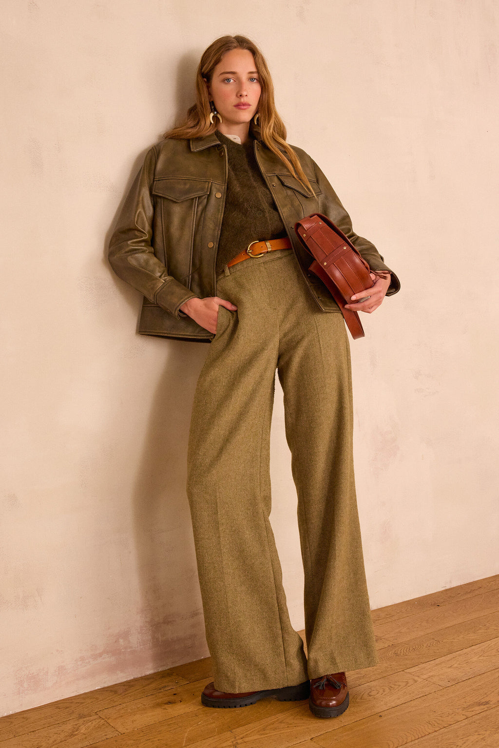 Maxence Herringbone Trousers - Olive