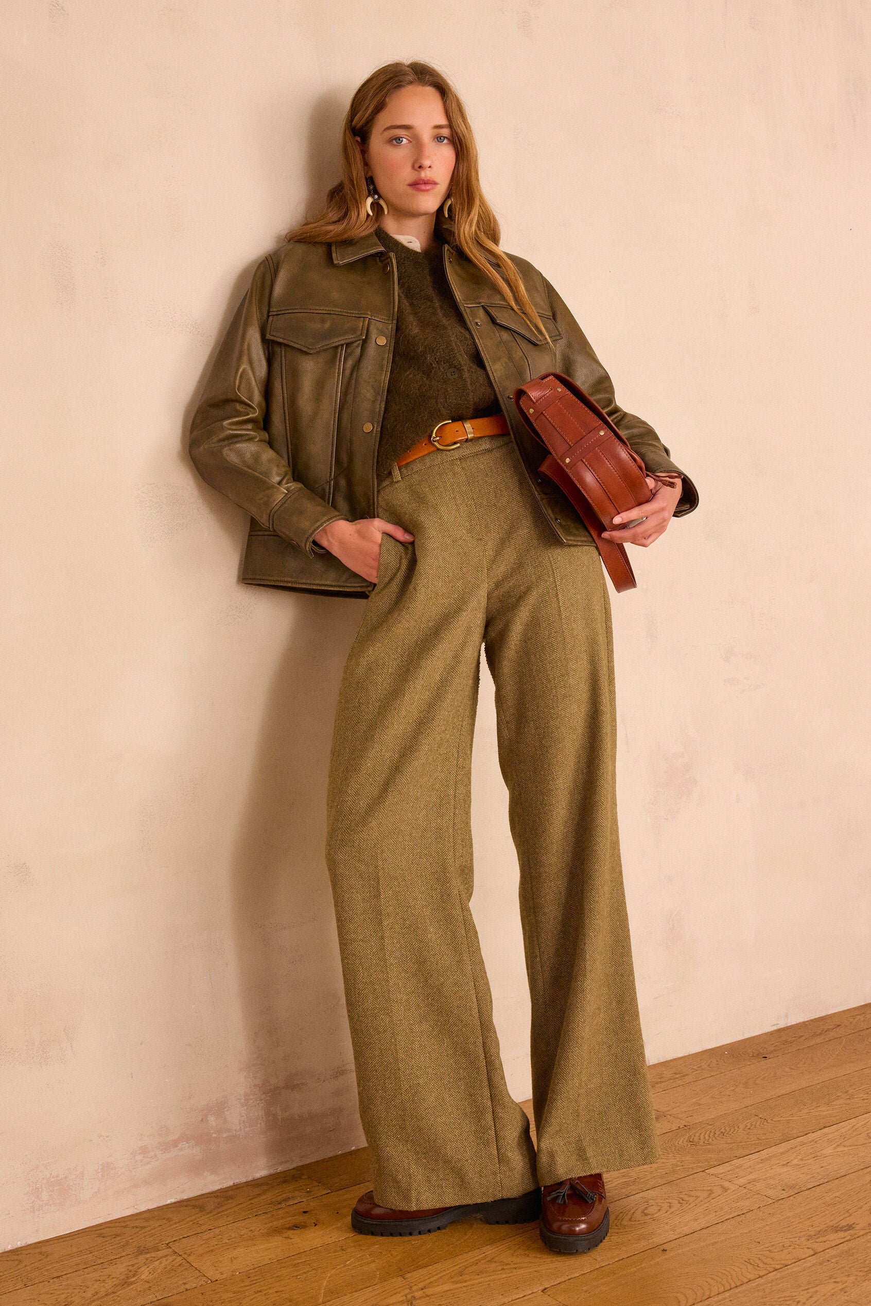 Maxence Herringbone Trousers - Olive