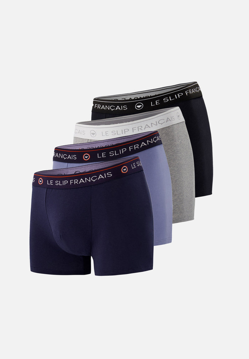Lot De 4 Boxers En Coton - Boxers Noir Bleu Marine Gris Chiné Bleu