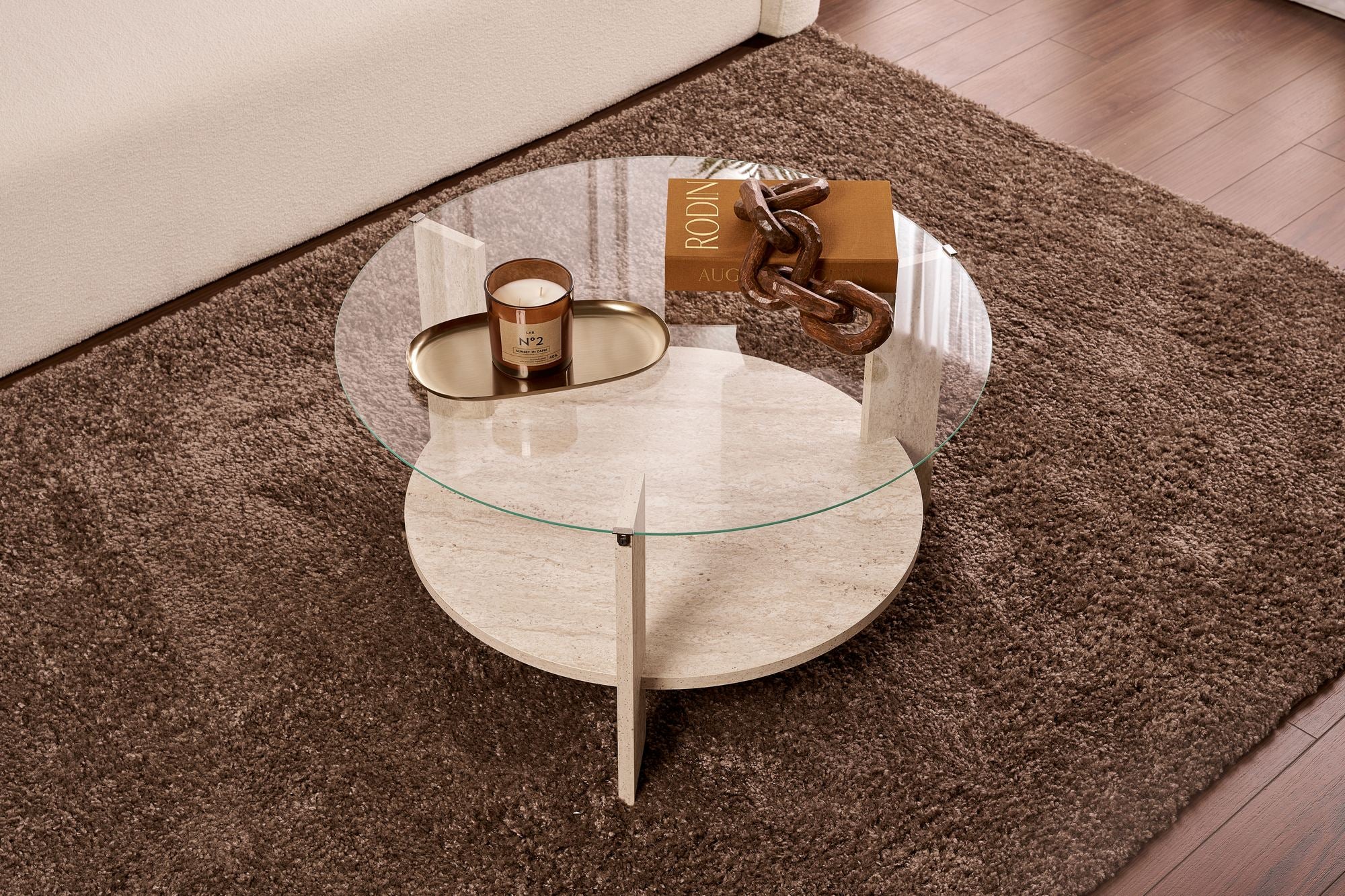 Clara - Coffee Table - Travertine/Transparent