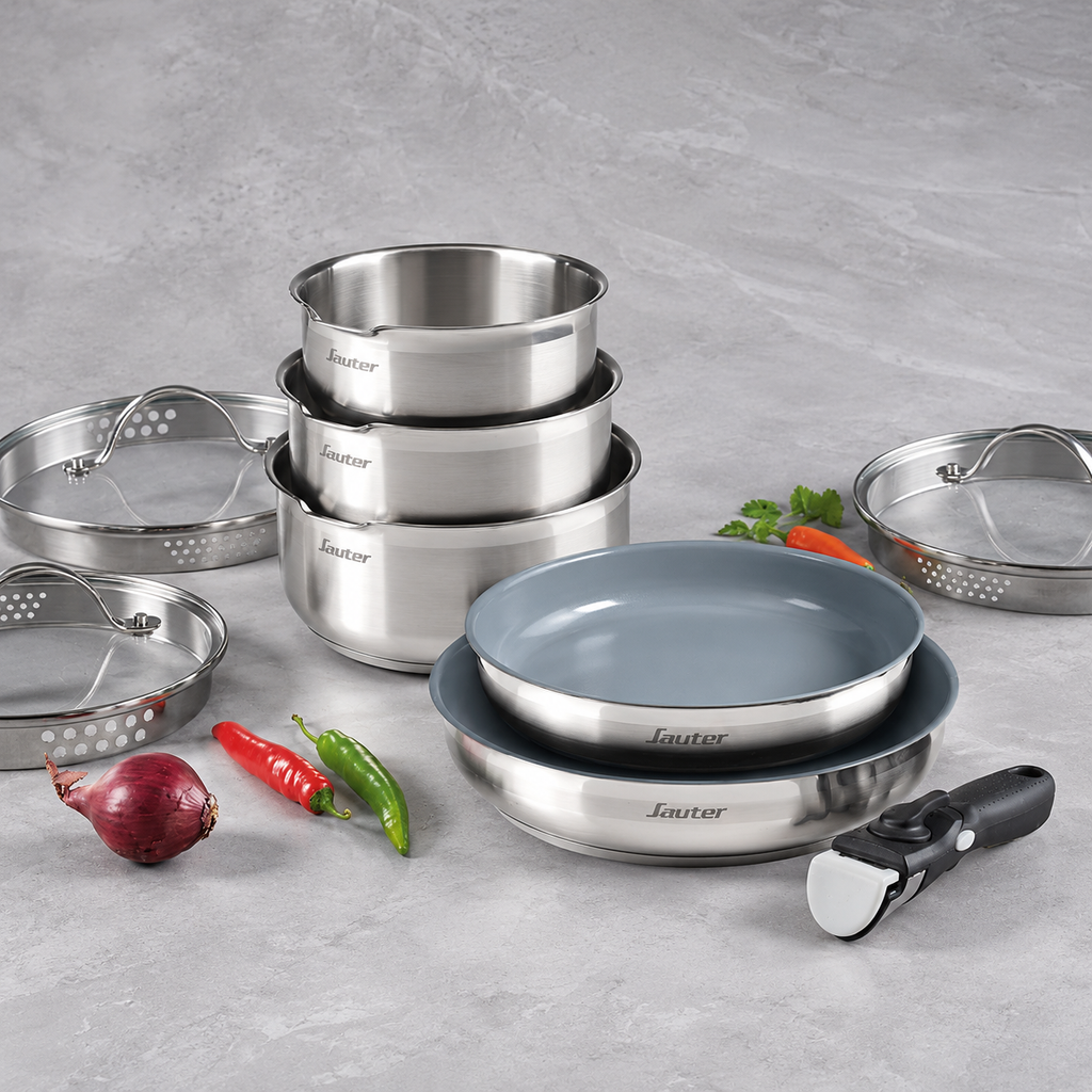Sauter - Stapelbart Kärlset Med Non-Stick Och Avtagbart Handtag 6 Delar - Rostfritt Stål Med Beläggning - Silver