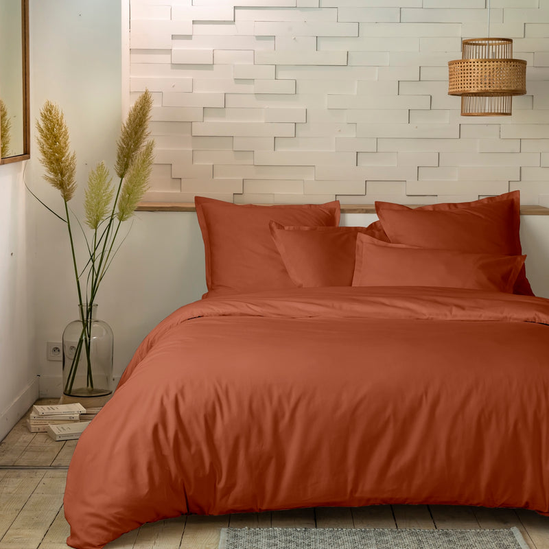 Parure De Lit - 3 Pièces - 100%Percale De Coton 80 Fils - Terracotta