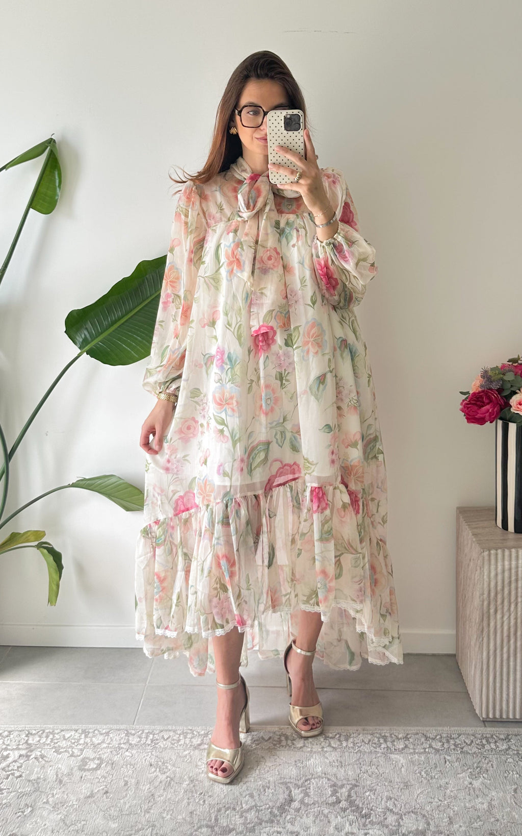 Riomaggiore Long Floral Dress - Ecru and Pink