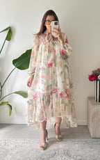 Riomaggiore Long Floral Dress - Ecru and Pink