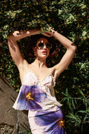 Camisola de tul con estampado de orquídeas moradas