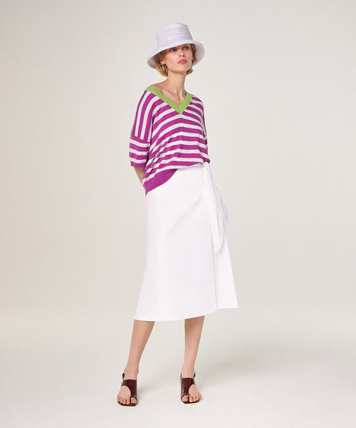 Camiseta de rayas con cuello de pico - Rosa Fucsia - Mujer