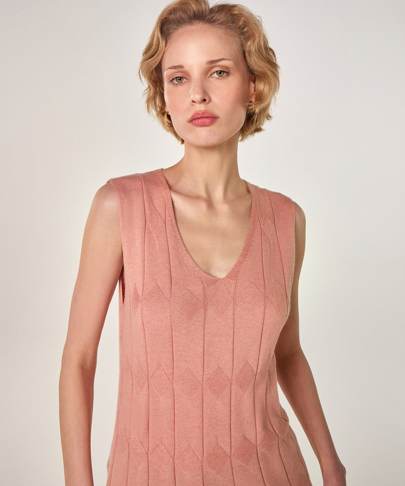 Túnica de punto fantasía con cuello en V - Beige Rosa - Mujer