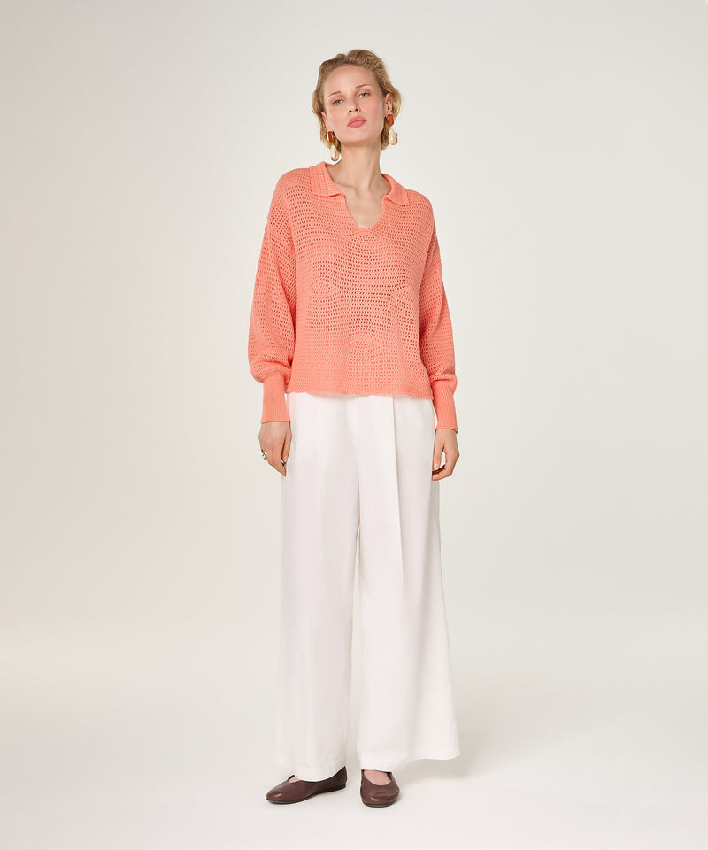 Jersey cuello polo calado - Rosa Salmón - Mujer