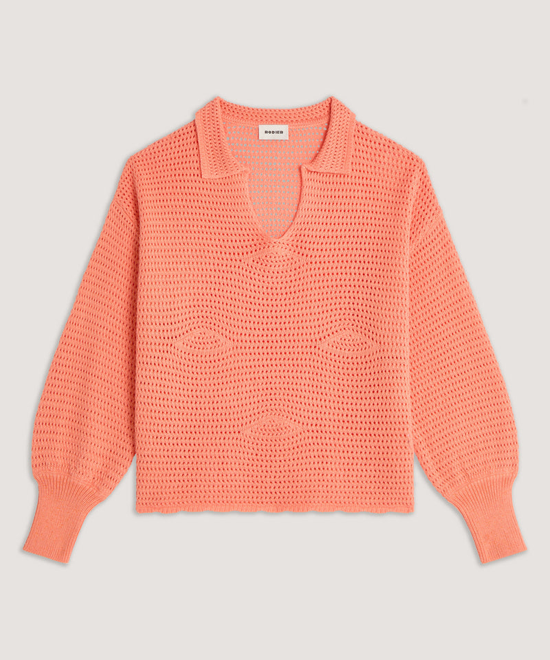 Jersey cuello polo calado - Rosa Salmón - Mujer