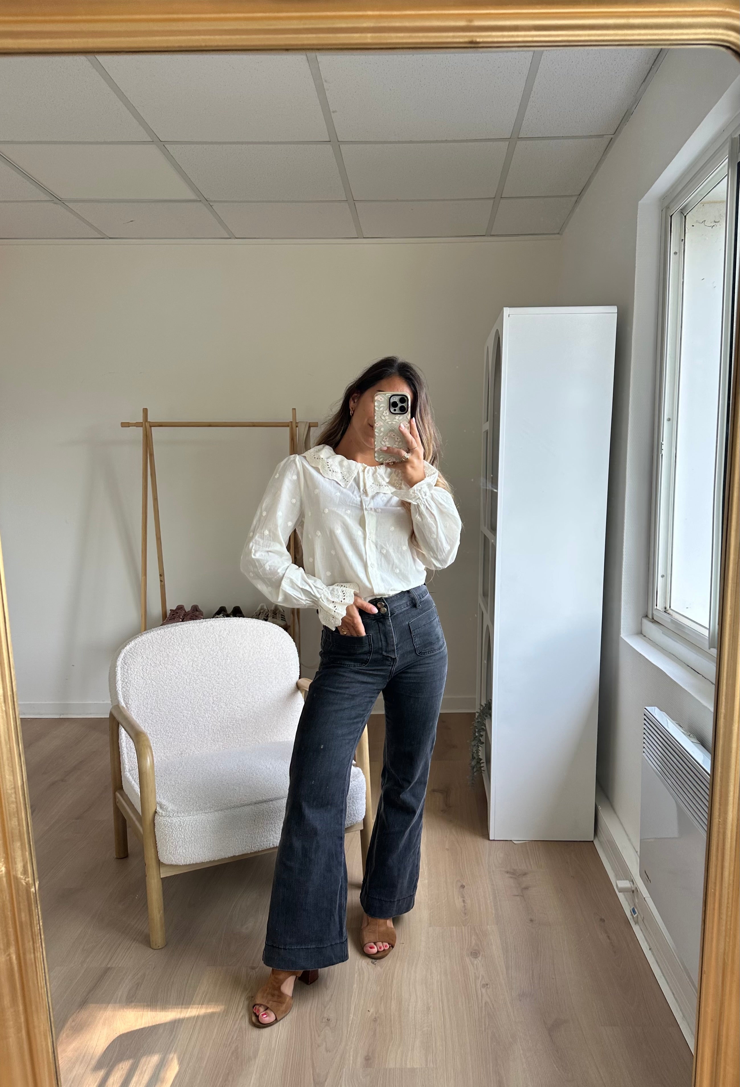 Ambre beige wide-collar blouse