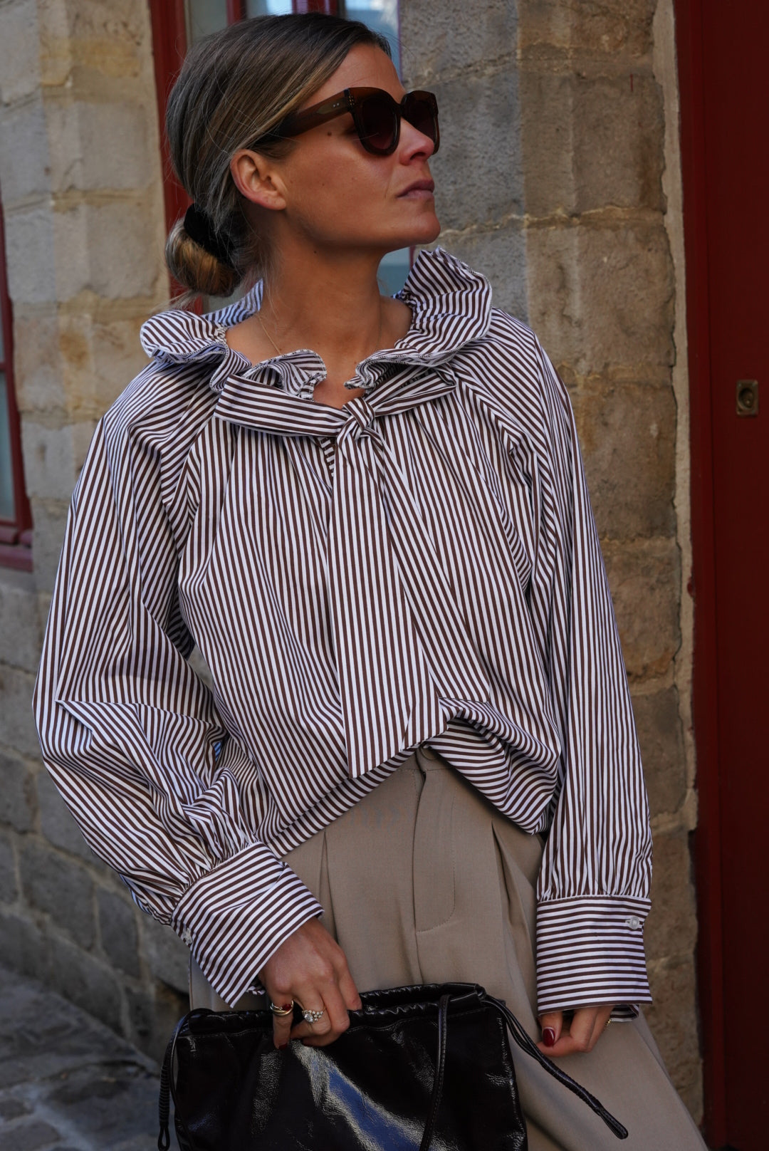 Madeleine Blouse Chocolate/White Stripe