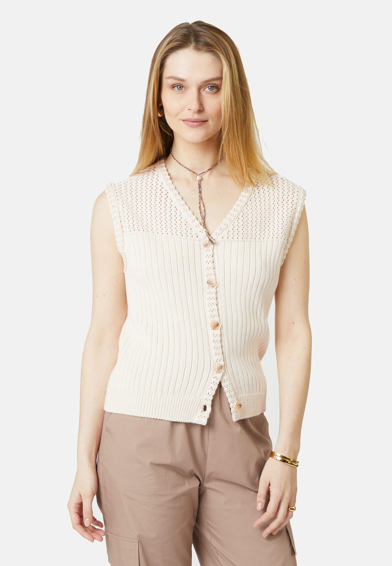 Gilet Boutonne Sans Manches - Blanc Ecru - Femme