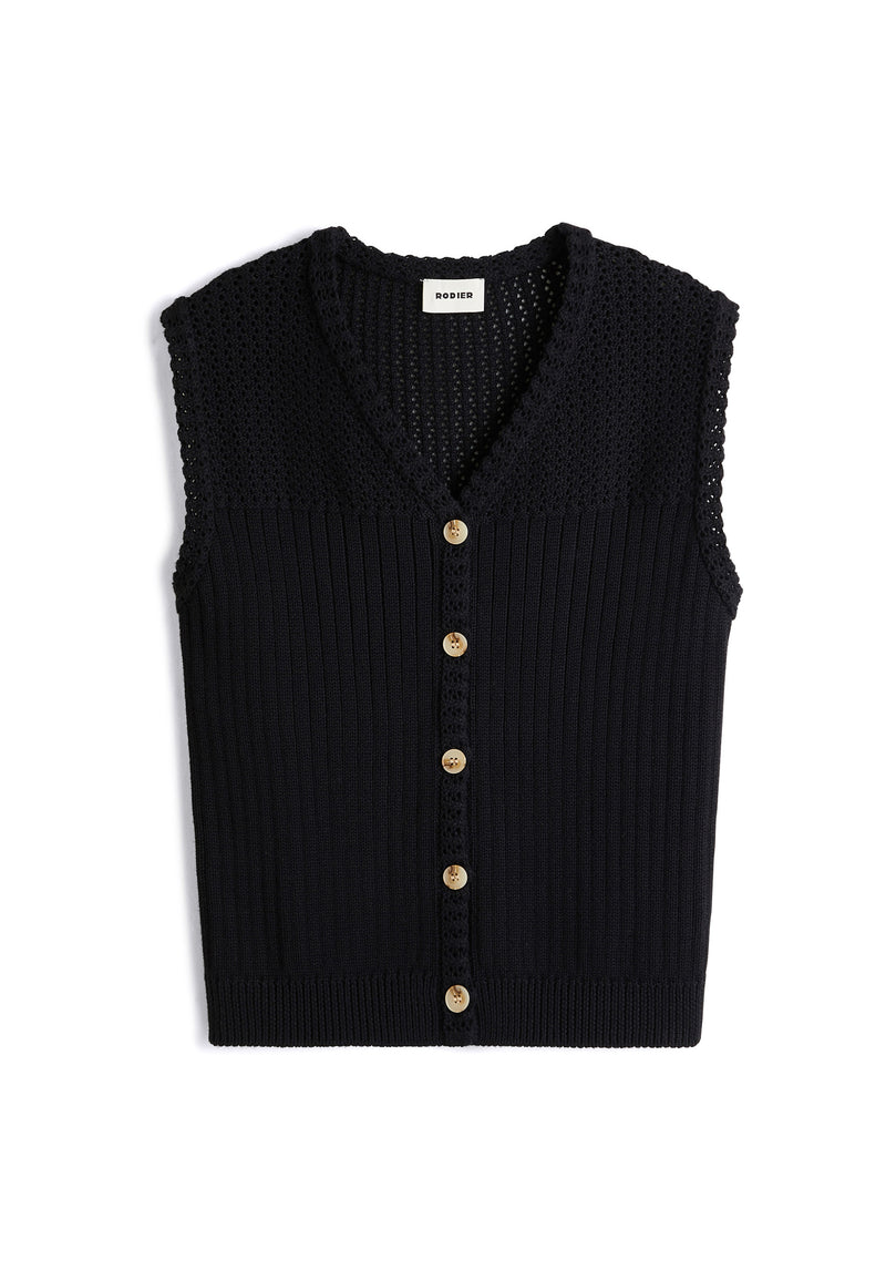 Gilet Boutonne Sans Manches - Noir - Femme